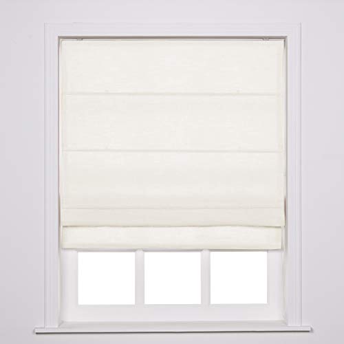 ChadMade Customized Roman Shade Faux Linen Roman Shade with Loop Control Kitchen Window Door Roman Shade Blackout Lighter Filtering, 1 Beige White, Liz Collection, Install Hardware Included