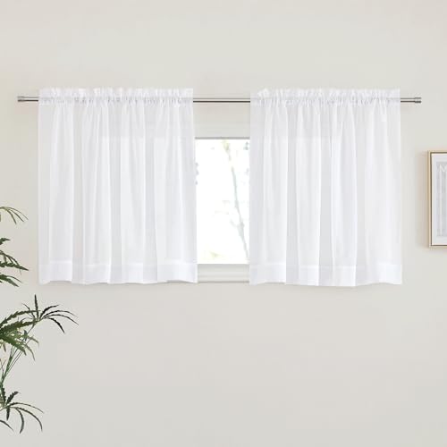 Image of NICETOWN White Short Kitchen Curtains 30 inches Long, Dual Rod Pockets Soft Voile Sheer Elegant & Airy Small Window Treatments for Bedroom /Kitchen, 2 Panels, W60 x L30