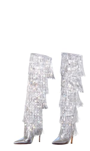 MissHeel Silver Sequin Fringe High Heel Boots Over the Knee Stiletto Boots