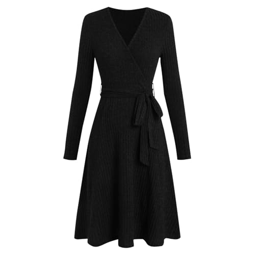 Dyhxuan Pulloverkleid Damen V-Ausschnitt Strickkleid Herbst Winter Damenkleid Einfarbig Pullover Kleid mit Gürtel Langarm Winterkleid Casual...