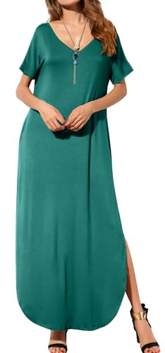 Image of GRECERELLE Women's Summer Maxi Dress Casual Loose V Neck Short Sleeve Side Split Long Dresses with Functional Pockets