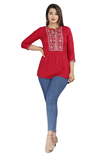 Image of Shiva Fab Short Kurti for Women | Embroidered Straight Rayon Kurta | Round Neck Full Sleeves Short Kurti for Women's