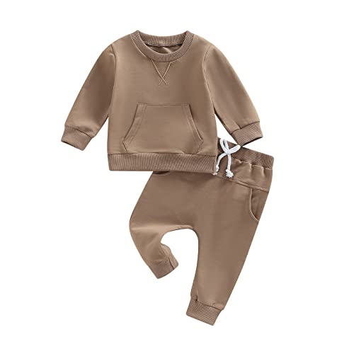 Ledy Champswiin 0-3 Years Neutral Outfits Toddler Baby Boy Girl Clothes Solid Color Sweatsuits Fall Winter Tops & Pants (Coffee, 18-24 Months)