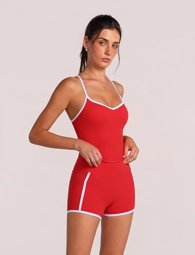 OMEWEE Women's workout sets Adjustable Spaghetti Straps Top and Collect Waist Shorts with Pockets yoga pilates outfits red XL — view 4