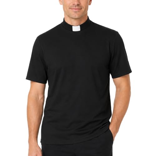 Mens T-Shirt Sleeves Tab Collar Clergy Minister Priest Outfit Priest Costume Shirt Tops Black