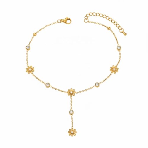 Image of Anklets for Women Dainty CZ Ankle Bracelet 18K Gold Plated Waterproof Boho Dot Star Moon Daisy Ocean Beaded Anklet Trendy Foot Jewelry