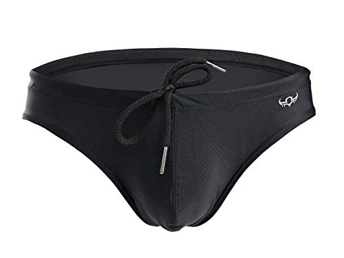 Classic Solid Color Nylon Low Waist Elastic Waistband Swim Trunk Briefs (Large / 30'', Black)