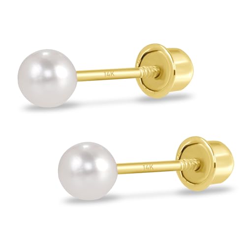 14k Gold Pearl Stud Earrings for Women (3mm-6mm Diameter) - Freshwater Pearl, Real Solid 14k Gold, Secure Screw Back Design