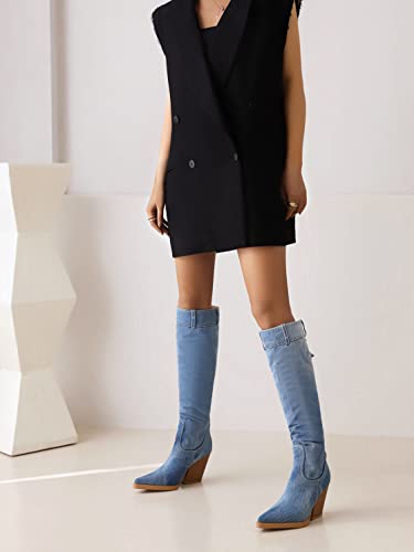 vivianly Women Denim Knee High Boots Pointy Toe Chunky Stacked Heel Cowgirl Boot Size 6.5 - image 2