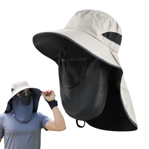 Chapéus de sol respirável asa larga, chapéu de pescador homem com máscara facial de malha removível boné de pesca com protetor pescoço bonés de pescador dobrável, trekking caminhadas