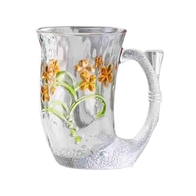 Vasos de agua soplados a mano con relieve y elegante asa dorada de 7 oz