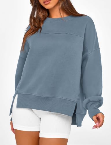 BTFBM Women's Casual Crewneck Sweatshirts Long Sleeve Side Slit Workout Fleece Pullover Top 2026 Fall Fashion Clothing(Grey Blue, Medium) — view 4