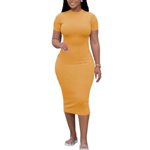 Image of TOPSRANI Women Sexy Midi Dress Bodycon Casual Sleeveless Basic Ruched Tank Summer Club Party Dresses