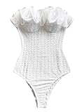 SHENHE Women's One Piece Ruffle Y2k Bodysuits Strapless Textured Cute Swimwear White Large