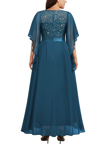 Image of Miusol Women's Plus Size Sequin Lace with Ruffle Cape Cloak Sleeves Elegant Evening Gown Wedding Guest Maxi Dress