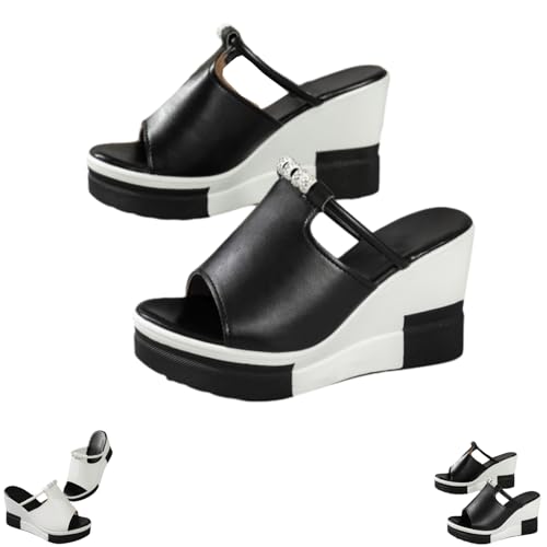 Image of Women's Elegant Wedge Heels Sandals with Rhinestones, Ladies Leather Casual Slip On Chunky Sandals, Comfortable Open Toe Heeled Mules Shoes (Black,36EU)