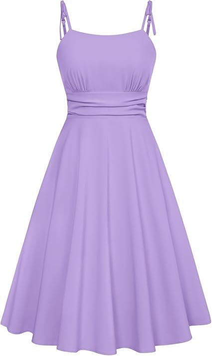 Belle Poque Sommerkleider für Damen Spaghettiträger A-Linie Midi Sonnenkleid Freizeitkleid mit Taschen Urlaubs Strandkleid Lila XXL