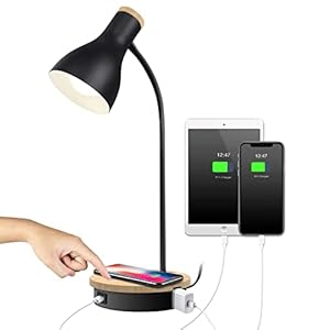 Metal Desk Lamp Wireless Charging Table Lamp Touch Reading Lights Arc Desk Lamps for Bedroom, 3 Way Dimmable Bedside Lamp with USB Charging Ports Lamp for Study Room and Office (Black)