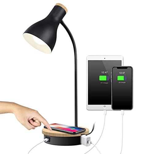 LALISU Metal Desk Lamp Wireless Charging Table Lamp Touch Reading Lights Arc Desk Lamps for Bedroom, 3 Way Dimmable Bedside Lamp with USB Charging Ports Lamp for Study Room and Office (Black) by LALISU - Used condition - US$15.02