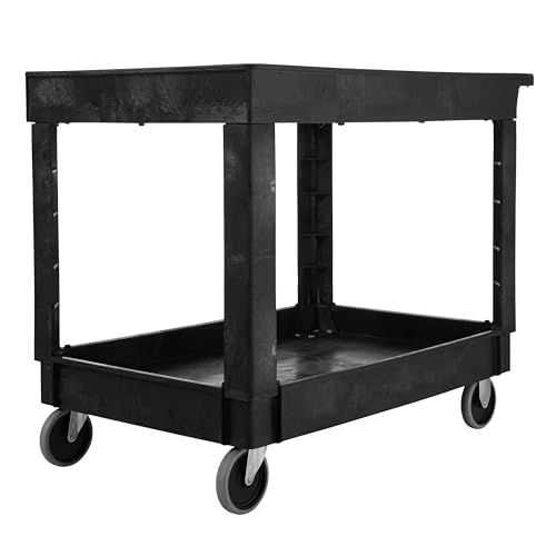 Image of Rubbermaid Commercial Products 2-Shelf Utility/Service Cart, Medium, Lipped Shelves, Standard Handle, 500 lbs. Capacity, for Warehouse/Garage/Cleaning/Manufacturing/Maintenance