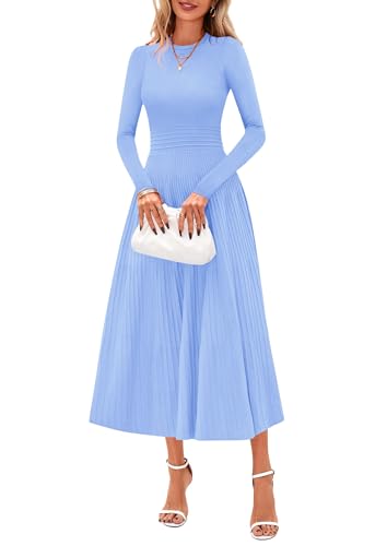 PRETTYGARDEN Fall Dresses for Women 2025 Long Sleeve Work Casual A Line Pleated Cocktail Church Midi Winter Sweater Dress (Light Blue,Medium)