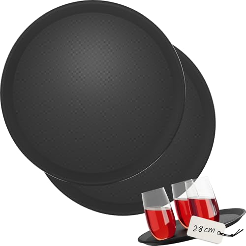 WELLGRO 2X Kellnertablett rutschfest Ø 28cm - Serviertablett Gastronomie, Gastro Tablett rund, Antirutsch Tablett schwarz, Restaurant, Servierplatten