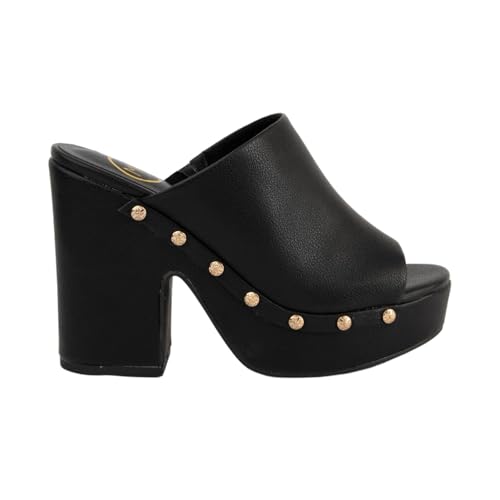 Makers Shoes - Khloe - Women's Platform Slide Heel – Chunky Block Heel Studded Mule Sandal – Open Toe Slip-On – Khloe Style – Available in Black, Cognac, Off White & Chocolate Patent2