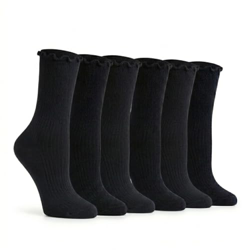 Image of Tipi Toe Women's 6 Pairs Quarter Crew Socks - Lightweight Solid Color Turn-Cuff Ruffle Lettuce Edge Dress Socks, Size 9-11