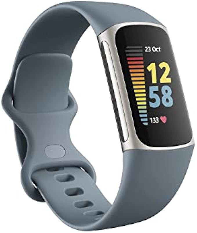 Fitbit Charge 5 高级健身,内置GPS的健康追踪器,压力管理工具,睡眠跟踪,24/7心率及更多,铂金,矿物蓝色,均码 S 和 L 腕带,钢蓝色