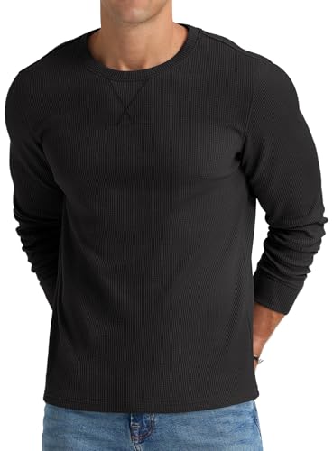Image of Mens Long Sleeve T Shirts Knitted Waffle Casual Pullover Soft Tees Black