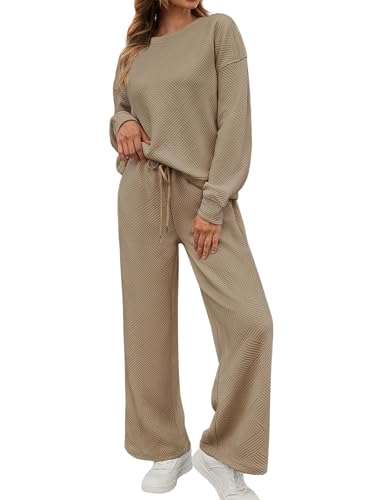 Image of AUTOMET Womens Two Piece Sets Fall Outfits Long Sleeve Pullover Top and Wide Leg Pants Casual Dressy Lounge Set 2024 Trendy Sweatsuit Tracksuits with Pockets Fashion Clothes, Large, Khaki