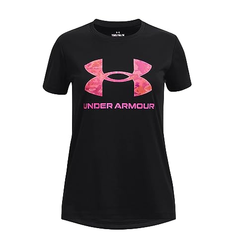 Under Armour Girls Tech Print Big Logo Short Sleeve Crew, (004) Black / / Rebel Pink, Medium