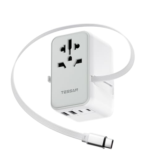 Image of TESSAN Universal Travel Adapter PD 35W GaN, International Power Adapter Built in 1 Retractable USB C Cable, 6 in 1 Travel Adaptor Worldwide with 4 USB Ports for US to Europe UK AUS (Type C G A I)