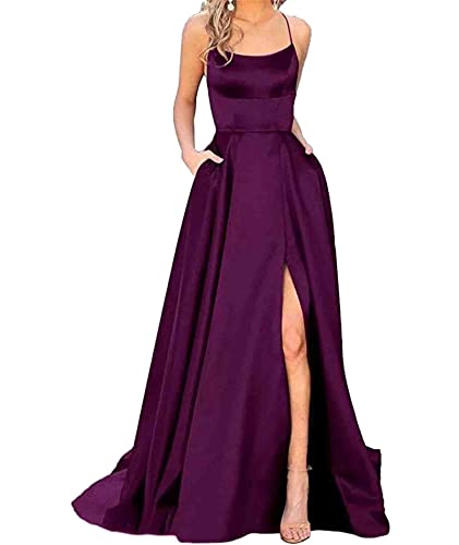 xxxiticat Damen Elegant Lange Ballkleider mit Taschen Satin A-Linie Backless Hochzeitskleid Abendkleider Sexy Neckholder Spaghetti Brautkleid Kleider Lang Prinzessin Brautjungfer Kleid (PE-XL)