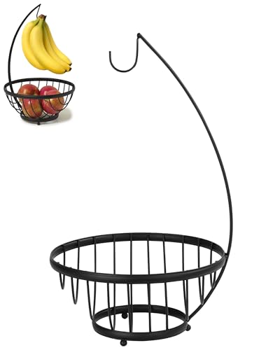 Spectrum Ashley Fruit Basket for Kitchen Counter with Banana Tree Hanger - Open Wire Vegetable & Fruit Bowl & Banana Hook Holder - Produce Storage Stand
