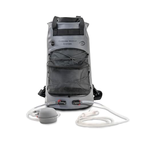 Overland Vehicle Systems Portable Camp Shower 23QT – Pressurized Foot Pump Shower with Spray Nozzle, Water Level Window, Mesh Storage Bag for Camping, Overlanding, Beach & Outdoor Use