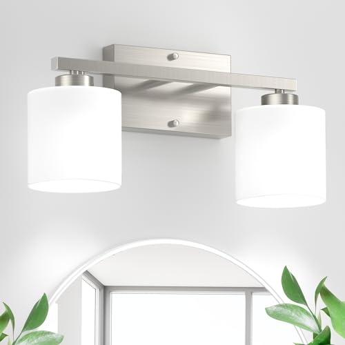 Honesorn Modern Vanity Lights - 2-Light Brushed Nickel Bathroom Mirror Lights with Frosted Shade & Anti-Rust Finish, E26 Wall Mounted