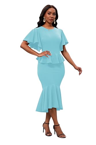 Image of Womens Summer Ruffle Short Sleeve Fishtail Dress Evening Cocktail Formal Peplum Midi Mermaid Dresses Elegant