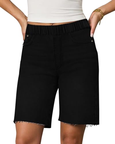 Women's High Waisted Black Denim Shorts - Knee Length Dressy Jorts Y2K Jean Shorts 10" Inseam
