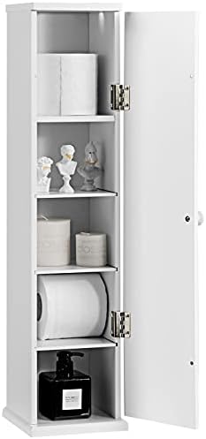 Armoire Salle De Bain étroite - 5 étagères, Portes Grillagées - Blanc PVC - 20x20x80 Cm - Autoportante