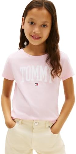 Tommy Hilfiger Girl's Collegiate Logo Tee T-Shirt, Ballerina, LG, Classic Fit, Everyday Comfort