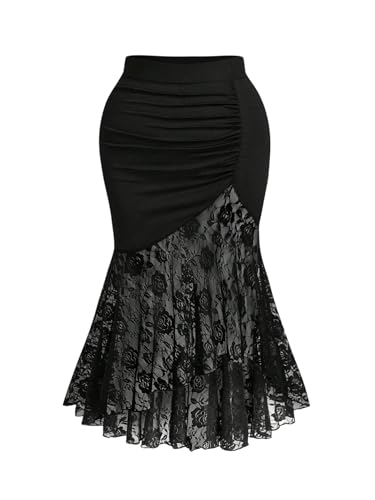 Women's Plus Size Floral Lace Skirt Ruched Mesh Bodycon Fishtail Midi Skirt