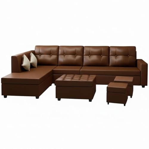 Image of FURNY Nathan 8 Seater Leatherette LHS L Shape Sofa Set with 1 Centre Table & 2 Puffy (Brown) Premium Finish | Durable Comfort | Ideal for Living Room