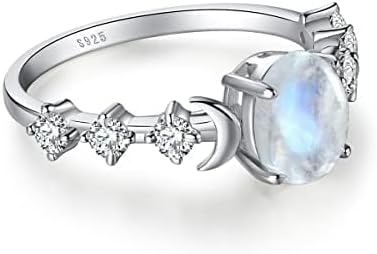Genuine Moonstone Ring Sterling Silver Moon Phase Ring Oval Moonstone Cubic Zirconia Statement Band Finger Minimalist Ring for Women with Gift Box（Silver） - Image 3