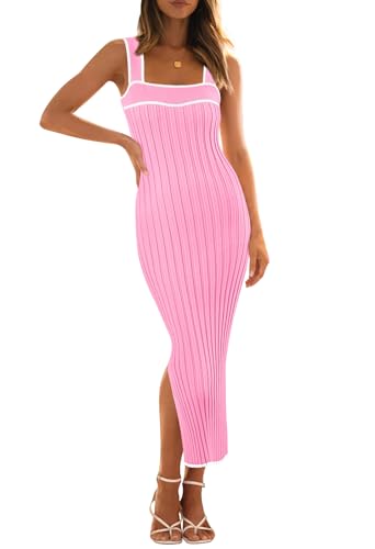 Image of MEROKEETY Womens Summer Striped Bodycon Ribbed Knit Midi Sweater Dress 2026 | Sleeveless Long Tank Dress, Soft, Stretchable, Maternity, Baby Shower, Gender Reveal, Bump Friendly, Beach, Vacation Outfit