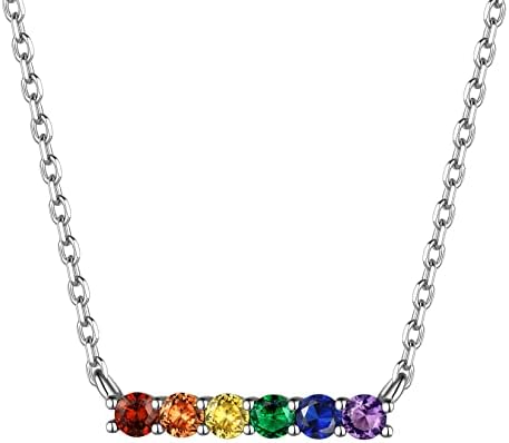 Suplight 925 Sterling Silver LGBT Lesbian Pride Necklace, Crystal Cubic Zirconia Bi Pride LGBTQ Rainbow Necklace for Women Girls
