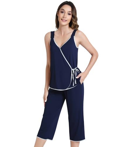 Image of NACHILA Pajamas Set for Women-Viscose Made from Bamboo, Sleeveless Pjs Cool V Neck Sleepwear Soft Capri Pants Pajama Sets