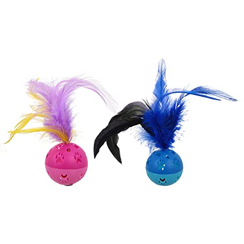 POPETPOP 4pcs Cat Toy Ball with Bell and Feather Plastic Lattice Kitten Chase Pounce Rattle Toy, As Shown, 5X5X13CM