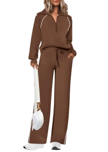 PRETTYGARDEN Women's 2 Piece Outfits Casual Lapel Half Zip Sweatshirts and Wide Leg Pants Tracksuit Sets (Style2-Brown,Small)
