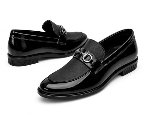 Image of Men's Formal Dual-Texture Loafer, Slip-On Dress Shoe, Patent and Matte Finish, Metallic Bit Detail, for Black-Tie Events and Festive Occasions